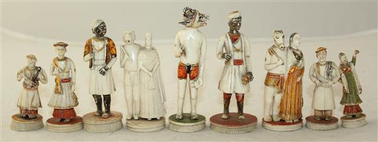 Ten 19th century Indian carved and painted ivory figures, largest 3.75in.